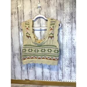 Anthropologie Knit Sweater Vest Cream Geometric Scalloped Hem 100% Cotton - M